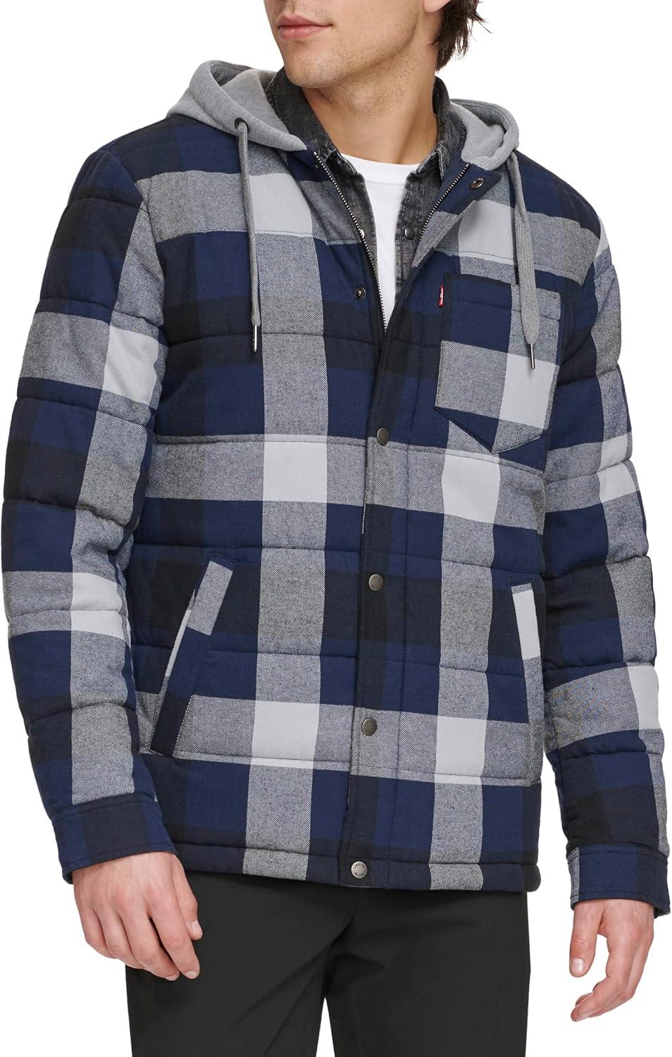 imageLevis mens Plaid Sherpa Lined Hooded Shirt Jacket Regular amp Big amp Tall SizesNavyWhite Buffalo Plaid