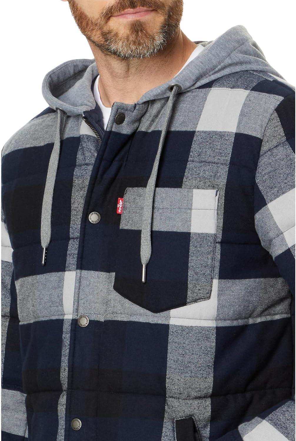 imageLevis mens Plaid Sherpa Lined Hooded Shirt Jacket Regular amp Big amp Tall SizesNavyWhite Buffalo Plaid