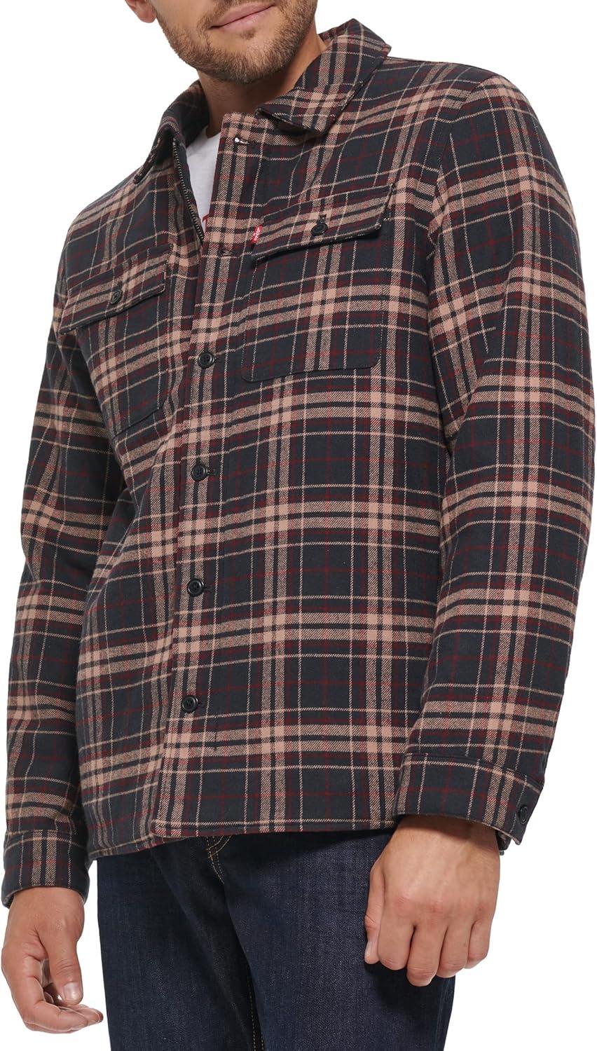 imageLevis mens Plaid Sherpa Lined Hooded Shirt Jacket Regular amp Big amp Tall SizesNew BrownTan Plaid