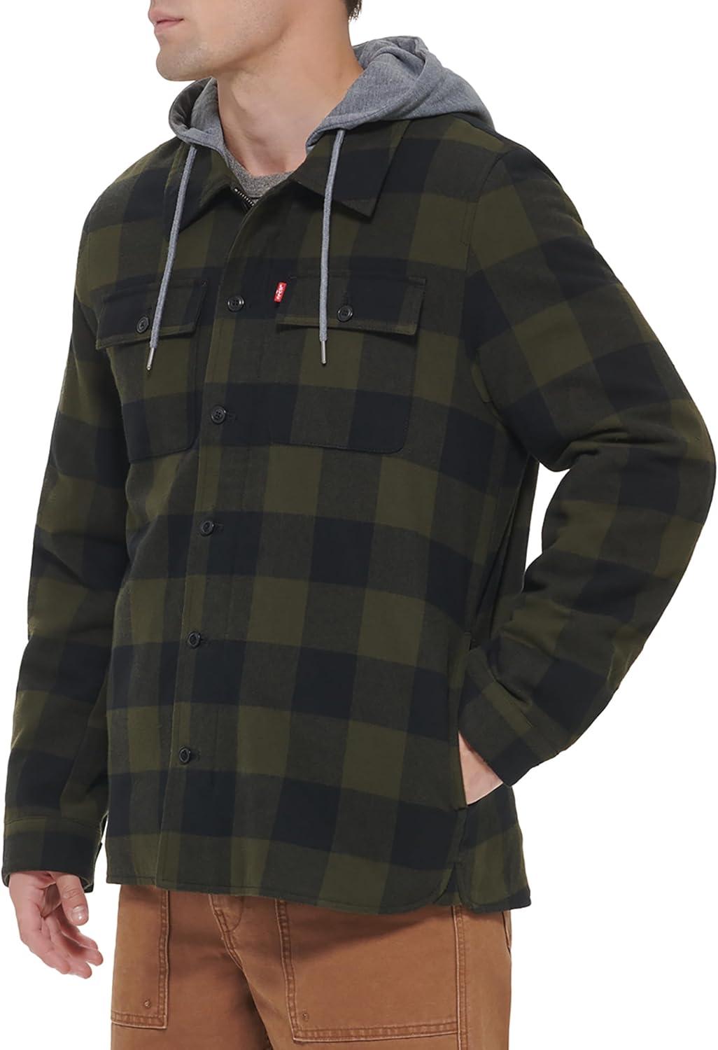 imageLevis mens Plaid Sherpa Lined Hooded Shirt Jacket Regular amp Big amp Tall SizesOlive Buffalo Check