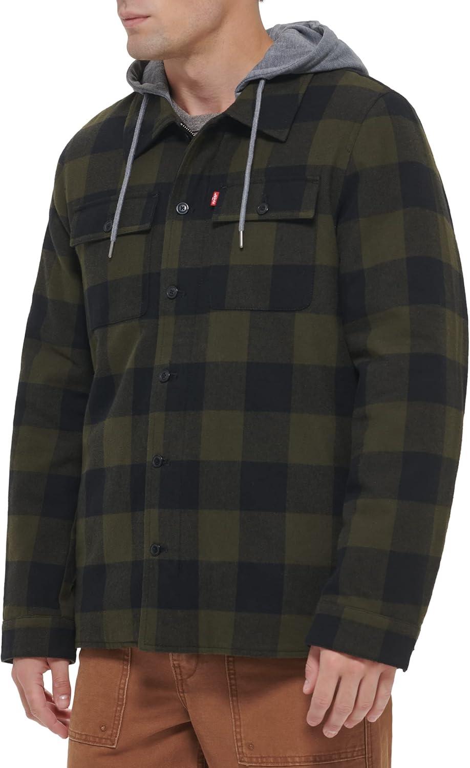 imageLevis mens Plaid Sherpa Lined Hooded Shirt Jacket Regular amp Big amp Tall SizesOlive Buffalo Check