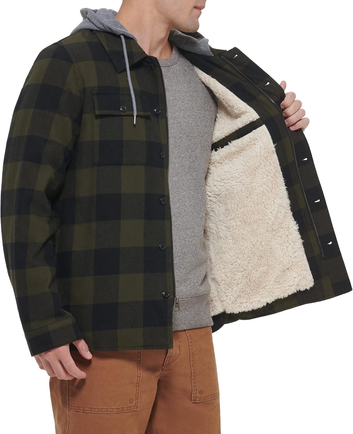 imageLevis mens Plaid Sherpa Lined Hooded Shirt Jacket Regular amp Big amp Tall SizesOlive Buffalo Check