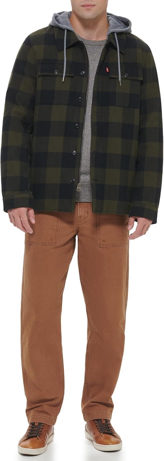 imageLevis mens Plaid Sherpa Lined Hooded Shirt Jacket Regular amp Big amp Tall SizesOlive Buffalo Check