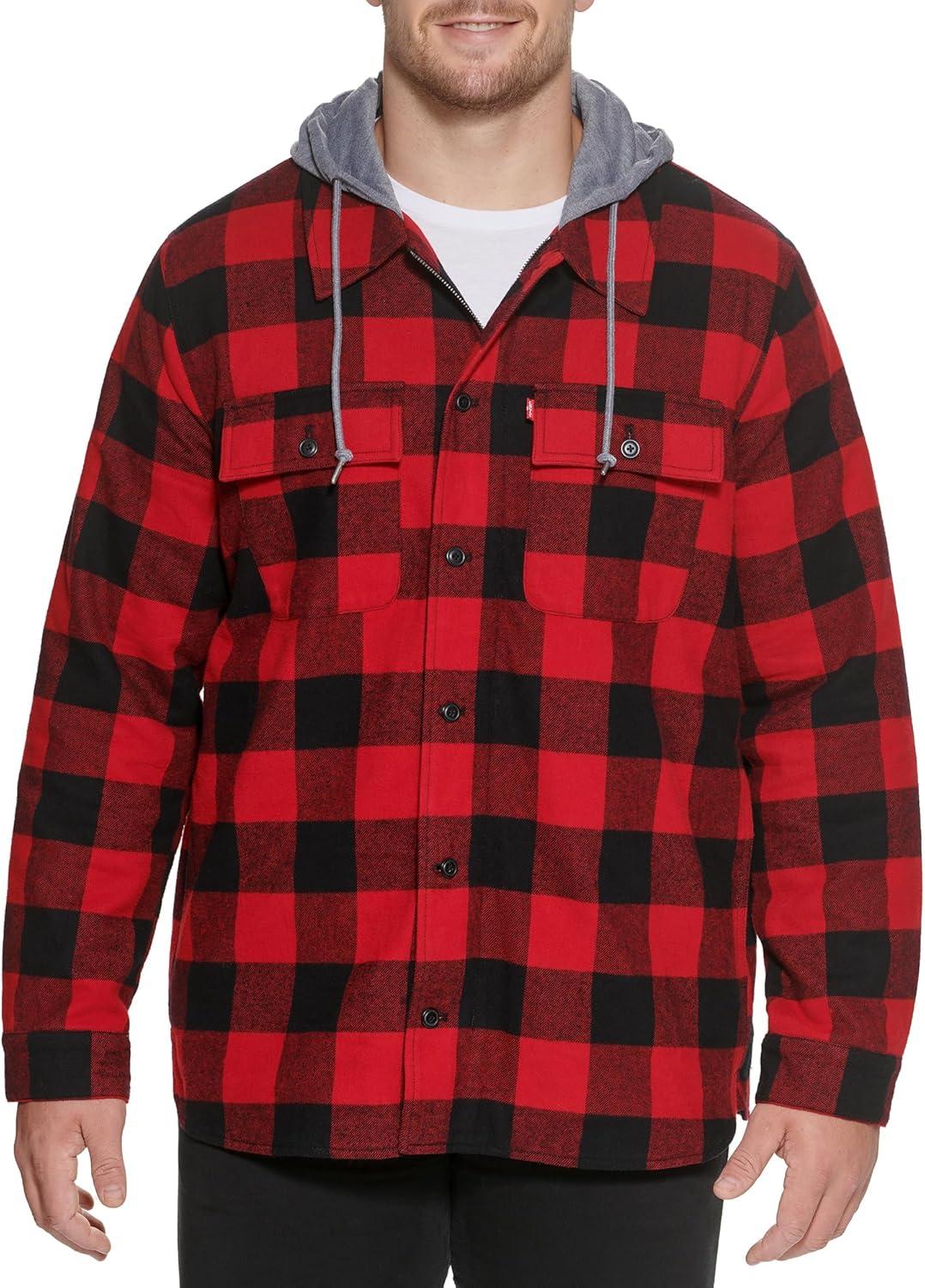 imageLevis mens Plaid Sherpa Lined Hooded Shirt Jacket Regular amp Big amp Tall SizesRed Buffalo Check