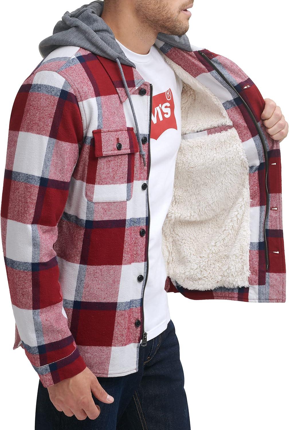 imageLevis mens Plaid Sherpa Lined Hooded Shirt Jacket Regular amp Big amp Tall SizesRed Navy Skater Plaid