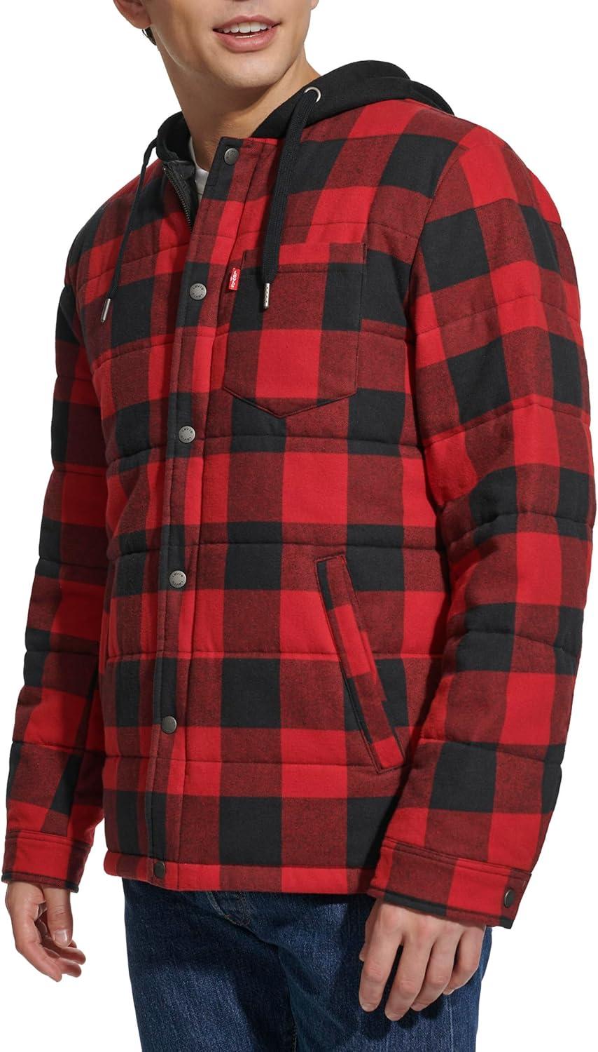 imageLevis mens Plaid Sherpa Lined Hooded Shirt Jacket Regular amp Big amp Tall SizesRedBlack Buffalo Plaid
