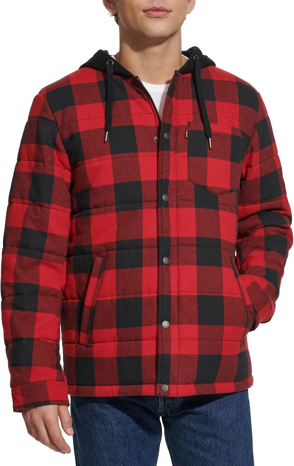imageLevis mens Plaid Sherpa Lined Hooded Shirt Jacket Regular amp Big amp Tall SizesRedBlack Buffalo Plaid
