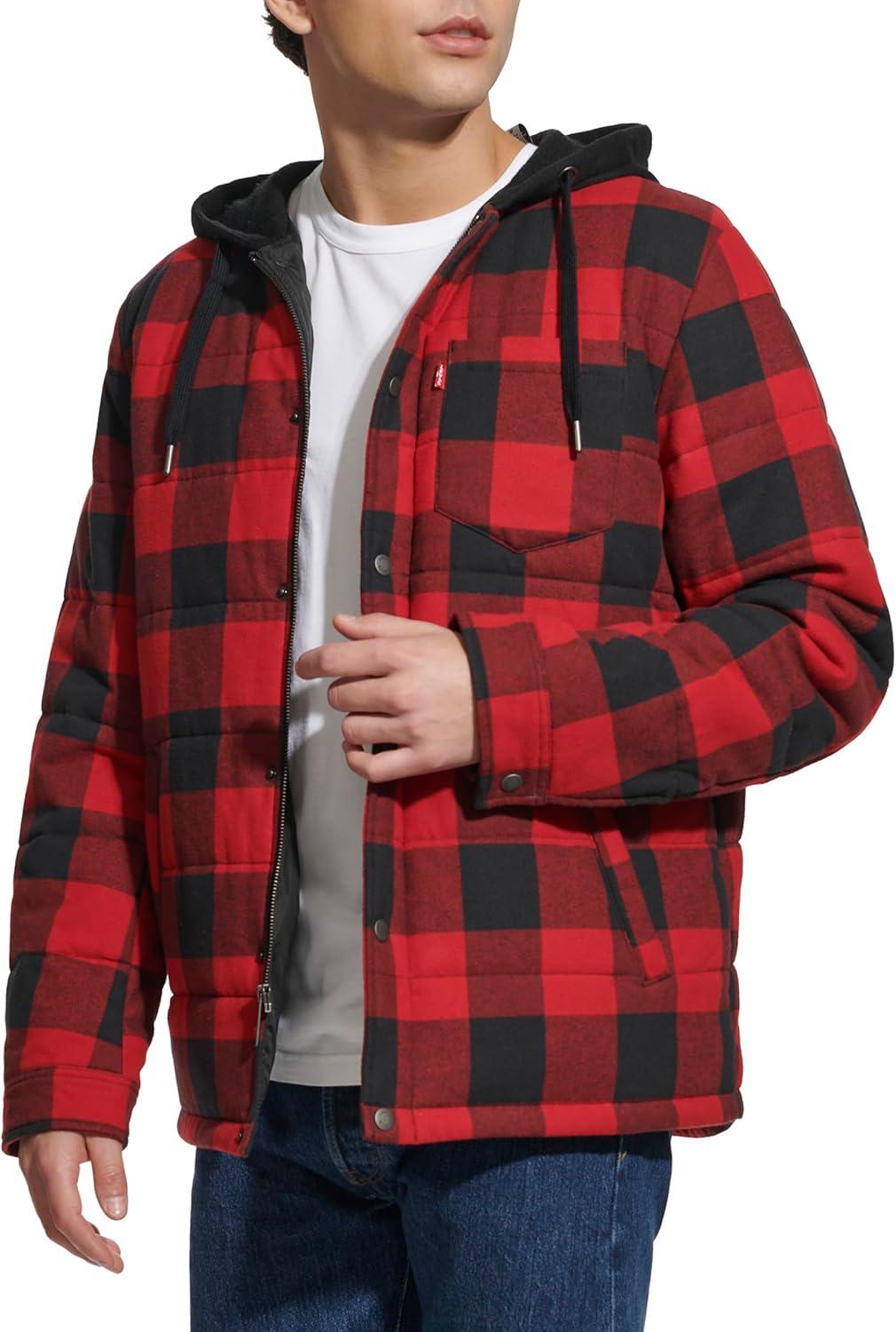 imageLevis mens Plaid Sherpa Lined Hooded Shirt Jacket Regular amp Big amp Tall SizesRedBlack Buffalo Plaid