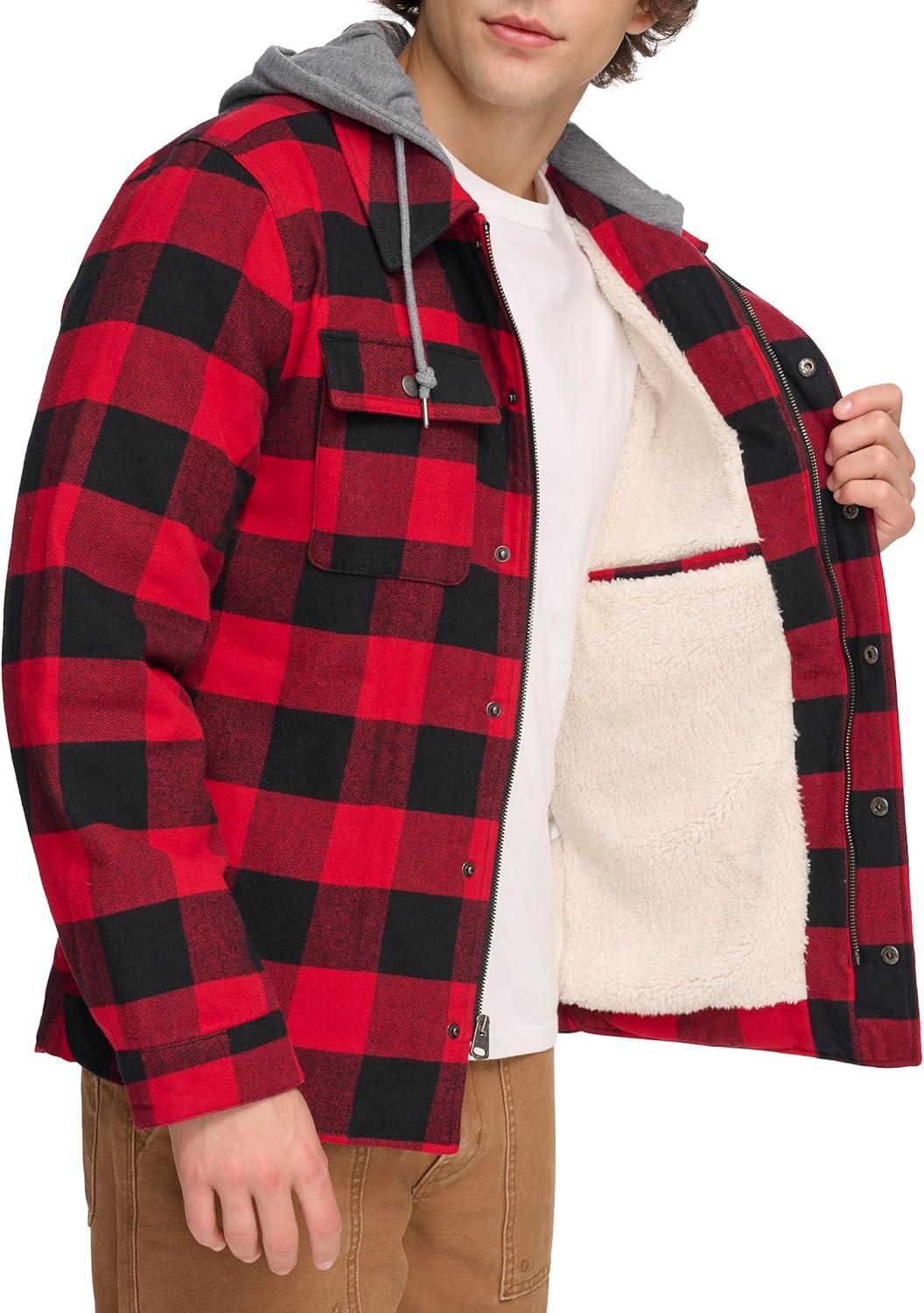 imageLevis mens Plaid Sherpa Lined Hooded Shirt Jacket Regular amp Big amp Tall SizesRedBlack Plaid