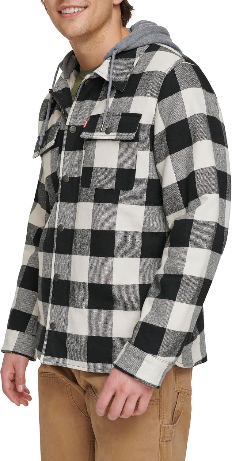 imageLevis mens Plaid Sherpa Lined Hooded Shirt Jacket Regular amp Big amp Tall SizesWhite Black Buffalo Plaid