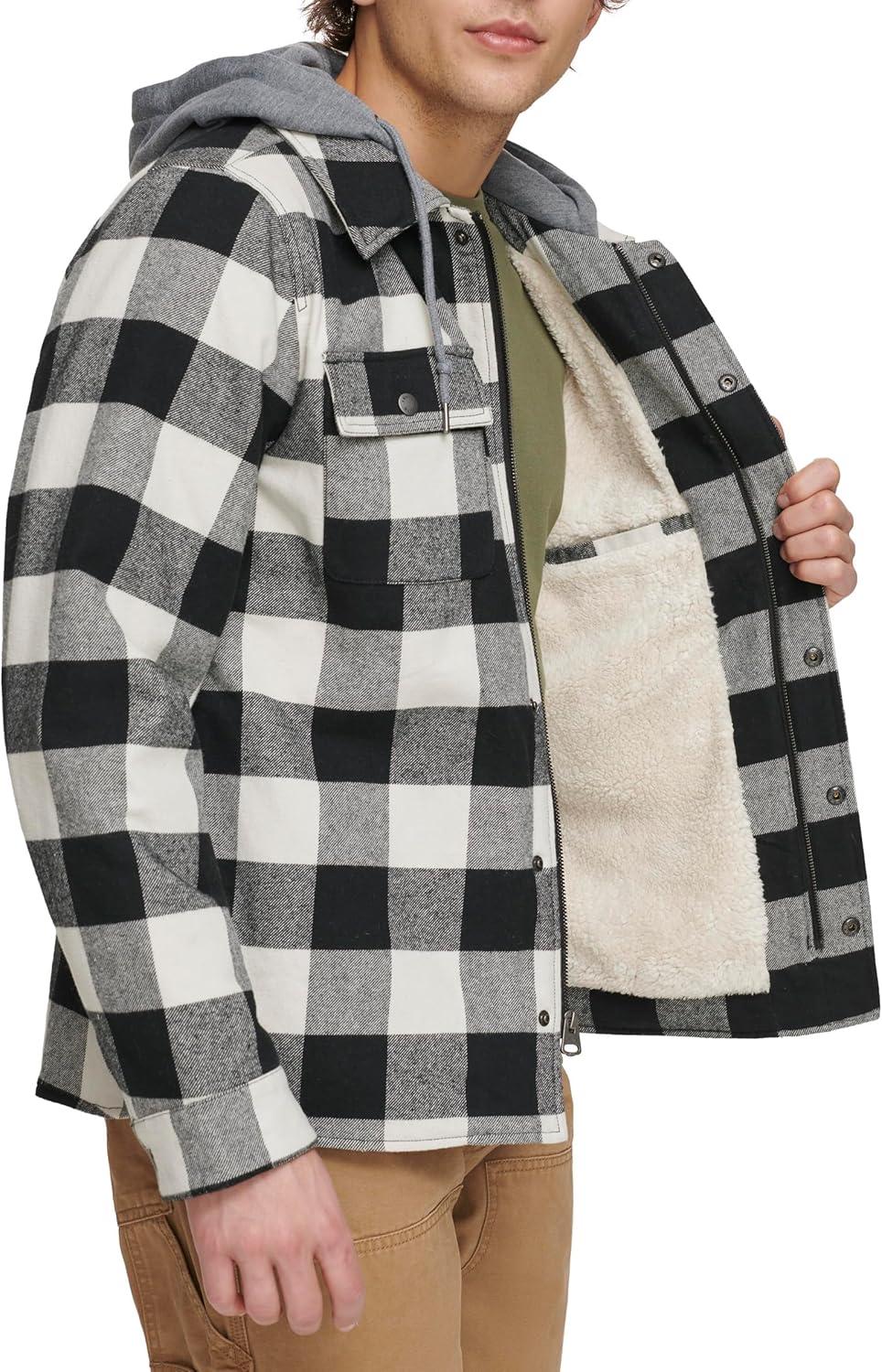 imageLevis mens Plaid Sherpa Lined Hooded Shirt Jacket Regular amp Big amp Tall SizesWhite Black Buffalo Plaid