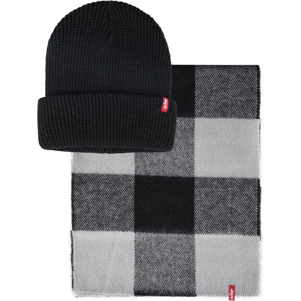 imageLevis Mens Classic Winter Warm Knit Beanie Hat and Scarf SetBlack Plaid