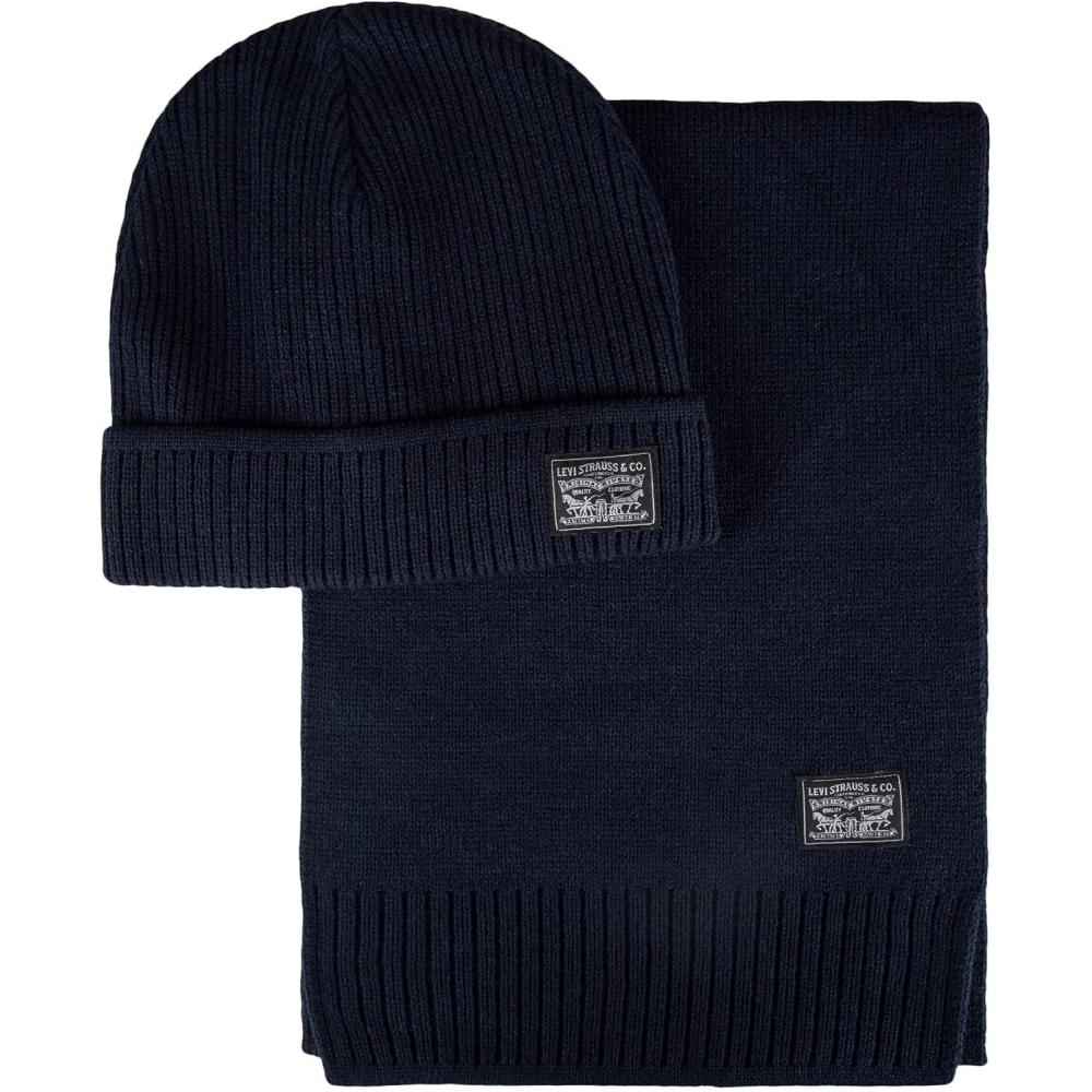 imageLevis Mens Classic Winter Warm Knit Beanie Hat and Scarf SetNavy Ribbed