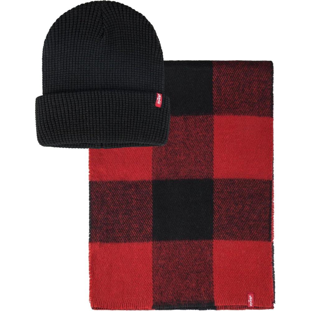 imageLevis Mens Classic Winter Warm Knit Beanie Hat and Scarf SetRed Plaid