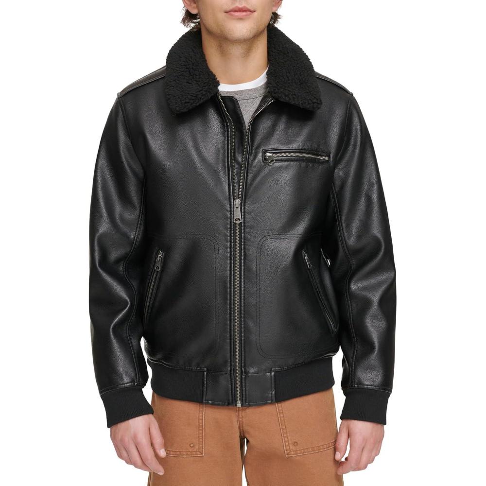 imageLevis Mens Faux Leather Aviator Bomber Jacket With Sherpa CollarBlack