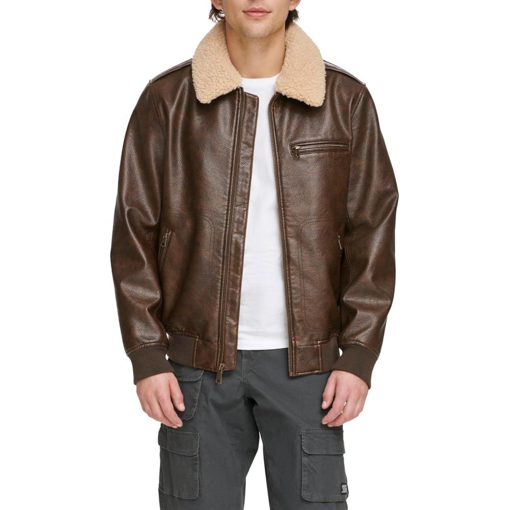 imageLevis Mens Faux Leather Aviator Bomber Jacket With Sherpa CollarBrown