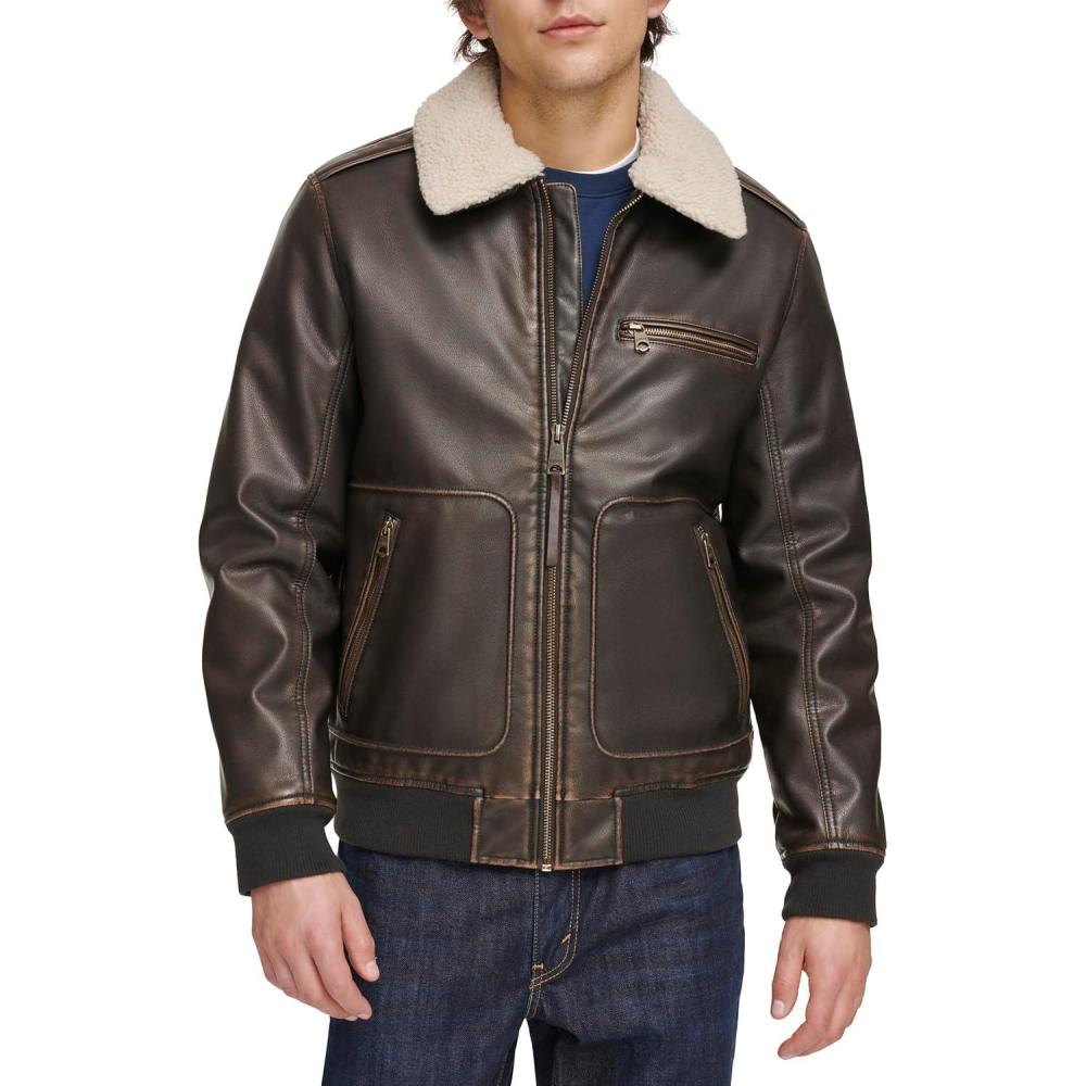 imageLevis Mens Faux Leather Aviator Bomber Jacket With Sherpa CollarDark Brown