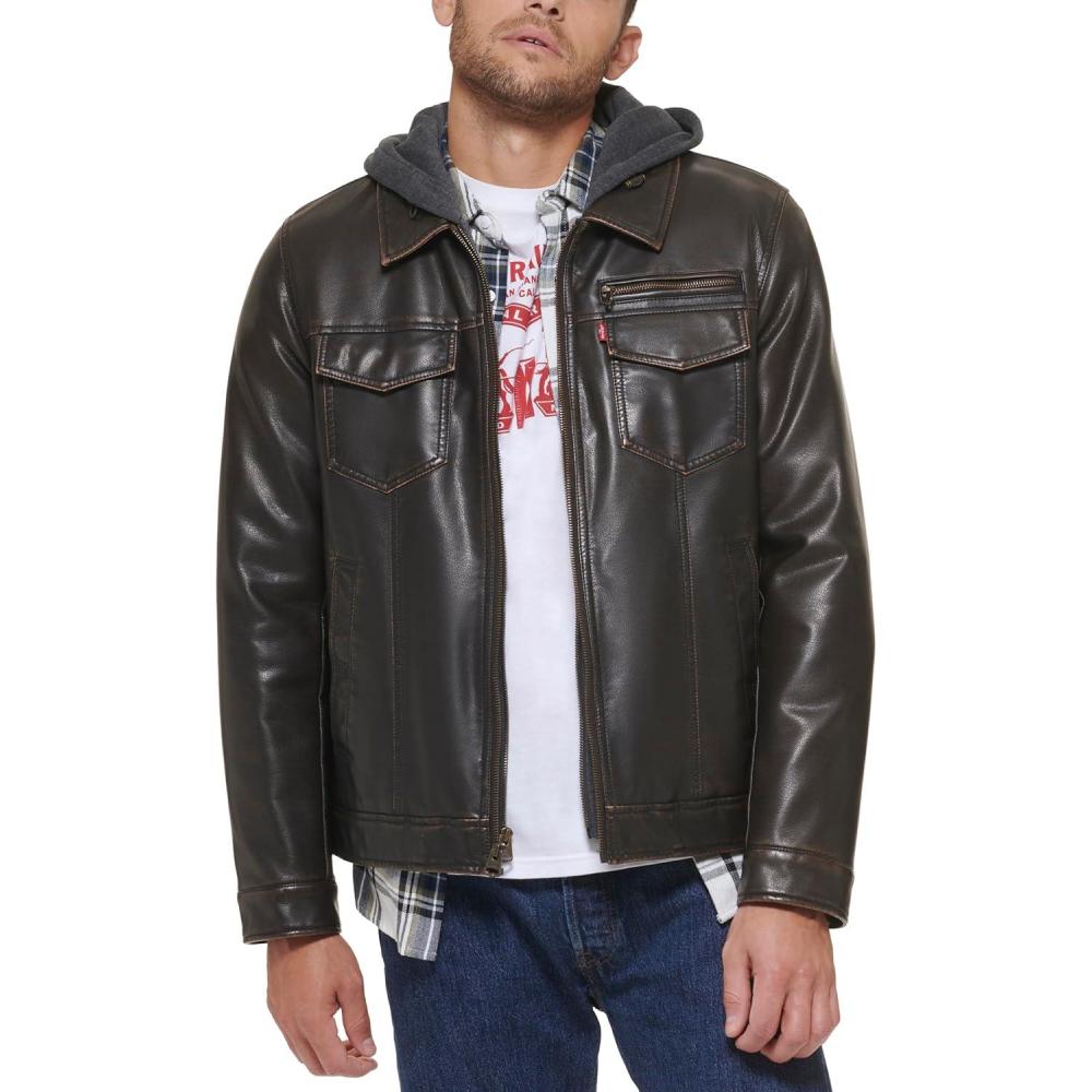 imageLevis Mens Faux Leather Hooded Trucker Jacket With Sherpa Lining Regular amp Big amp Tall SizesDark Brown