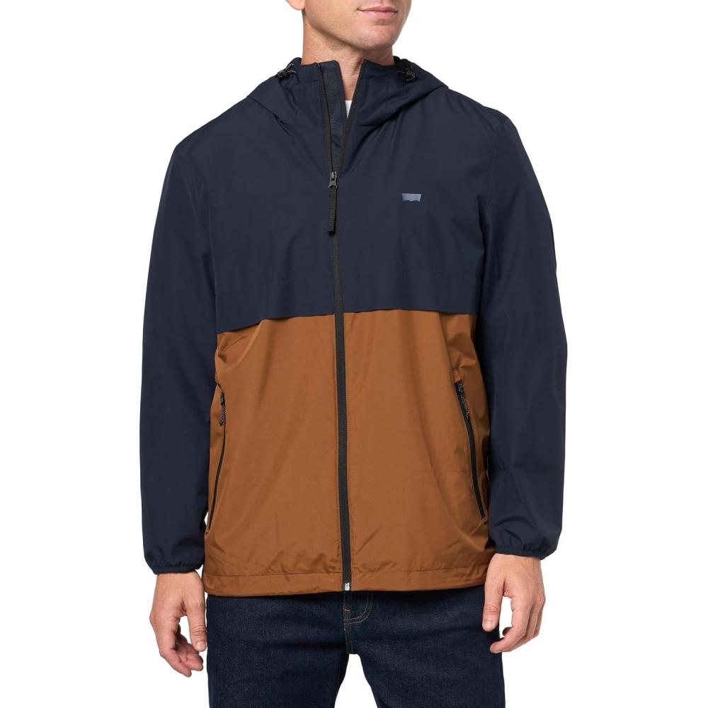 imageLevis Mens Hooded Rain Jacket amp WindbreakerNavyBrown