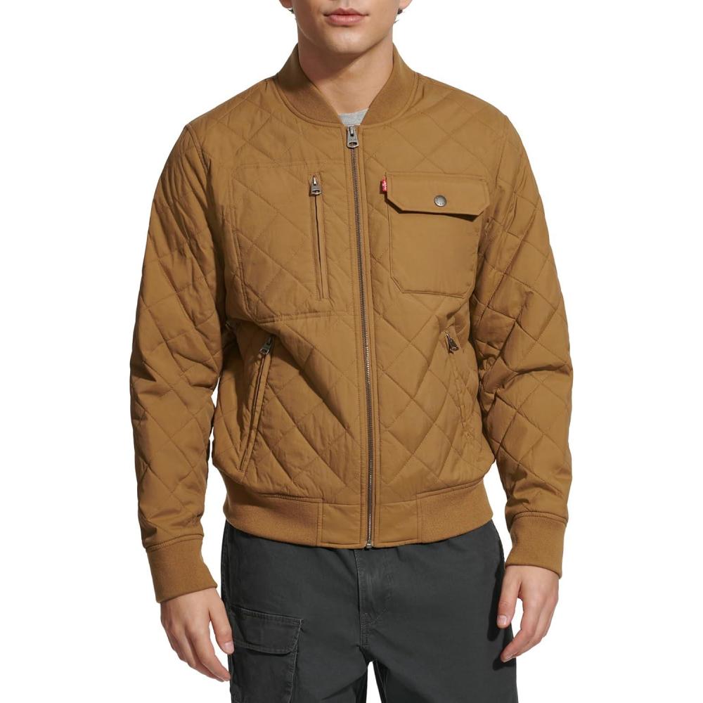 imageLevis Mens Levis Mens Diamond Quilted Bomber JacketNew Khaki Dry Touch Nylon