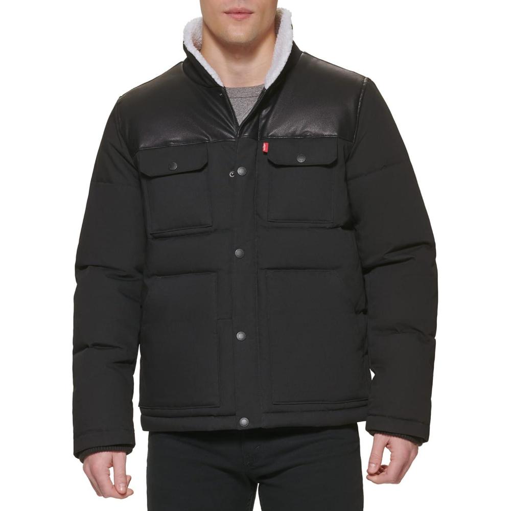 imageLevis Mens Mixed Media Quilted Puffer Jacket With Sherpa Lined Collar Regular and Big amp Tall SizesBlackFaux Leather