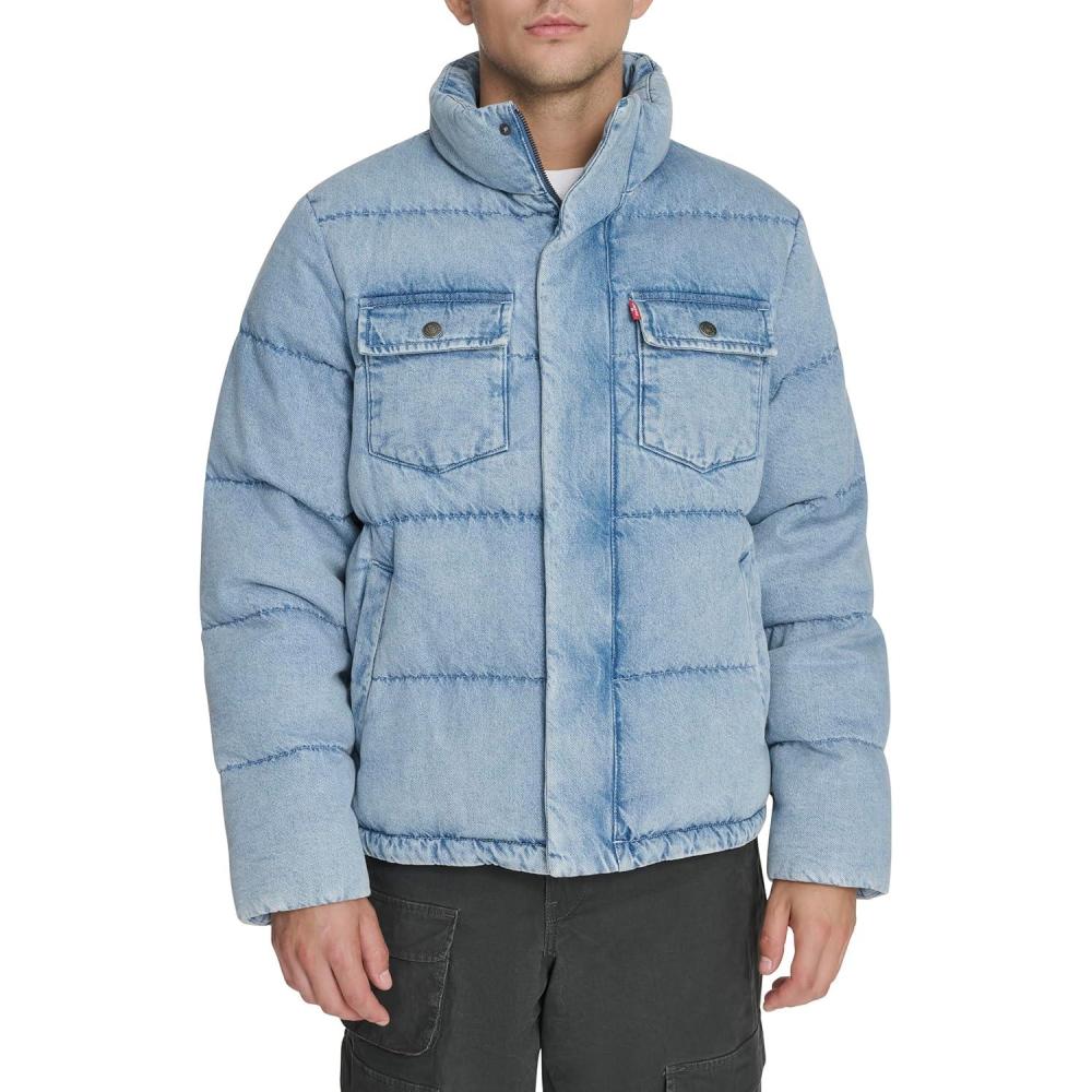 imageLevis Mens Mixed Media Quilted Puffer Jacket With Sherpa Lined Collar Regular and Big amp Tall SizesLight Wash Denim