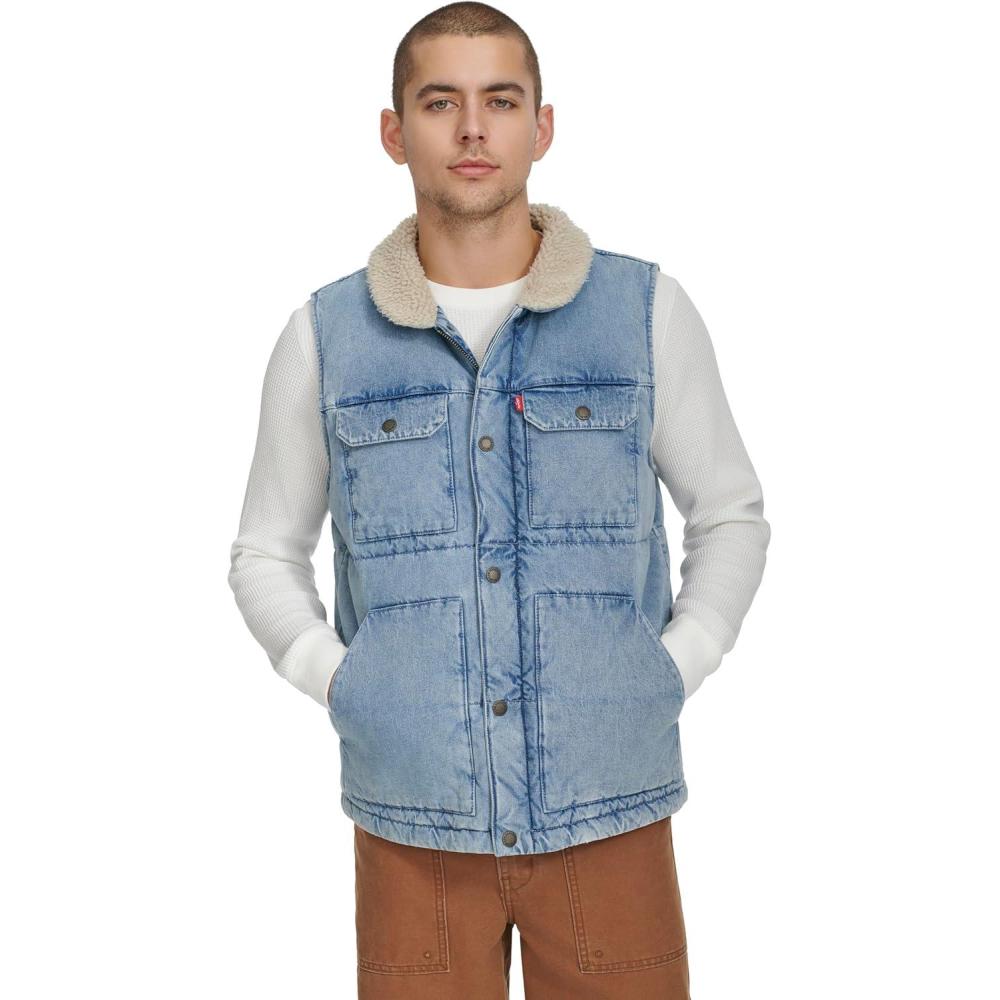 imageLevis Mens Mixed Media Quilted Puffer Jacket With Sherpa Lined Collar Regular and Big amp Tall SizesLight Wash Denim Vest