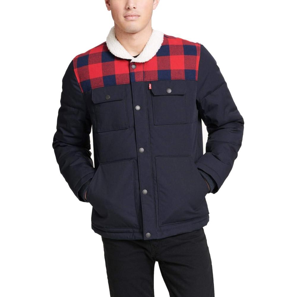 imageLevis Mens Mixed Media Quilted Puffer Jacket With Sherpa Lined Collar Regular and Big amp Tall SizesNavyPlaid