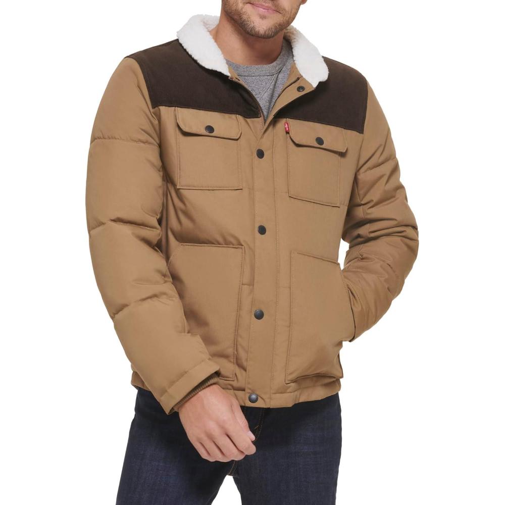 imageLevis Mens Mixed Media Quilted Puffer Jacket With Sherpa Lined Collar Regular and Big amp Tall SizesNew TanDark Brown