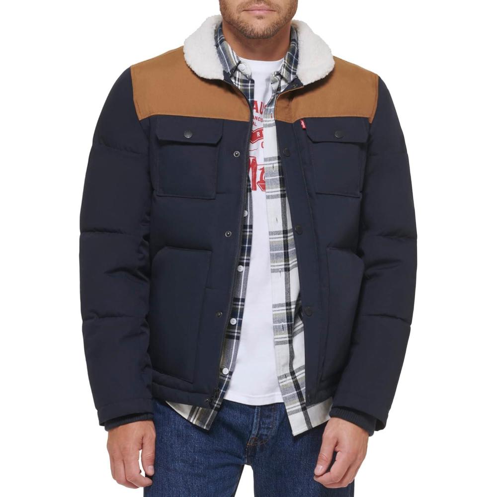 imageLevis Mens Mixed Media Quilted Puffer Jacket With Sherpa Lined Collar Regular and Big amp Tall SizesNew Worker BrownNavy