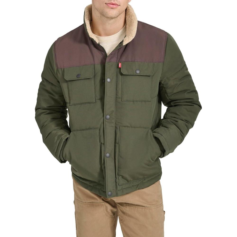 imageLevis Mens Mixed Media Quilted Puffer Jacket With Sherpa Lined Collar Regular and Big amp Tall SizesOliveDark Brown