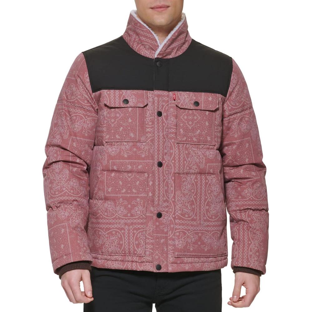 imageLevis Mens Mixed Media Quilted Puffer Jacket With Sherpa Lined Collar Regular and Big amp Tall SizesRed Bandana Print