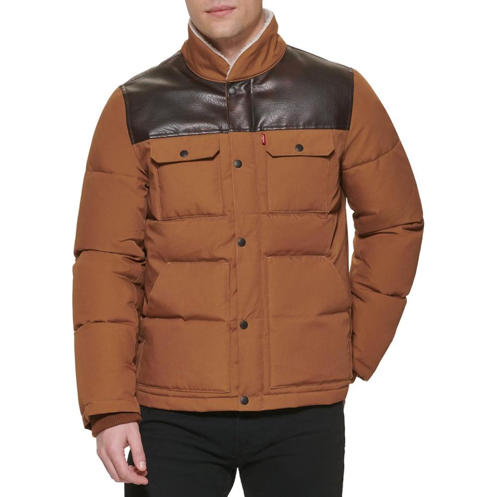 imageLevis Mens Mixed Media Quilted Puffer Jacket With Sherpa Lined Collar Regular and Big amp Tall SizesWorker BrownFaux Leather