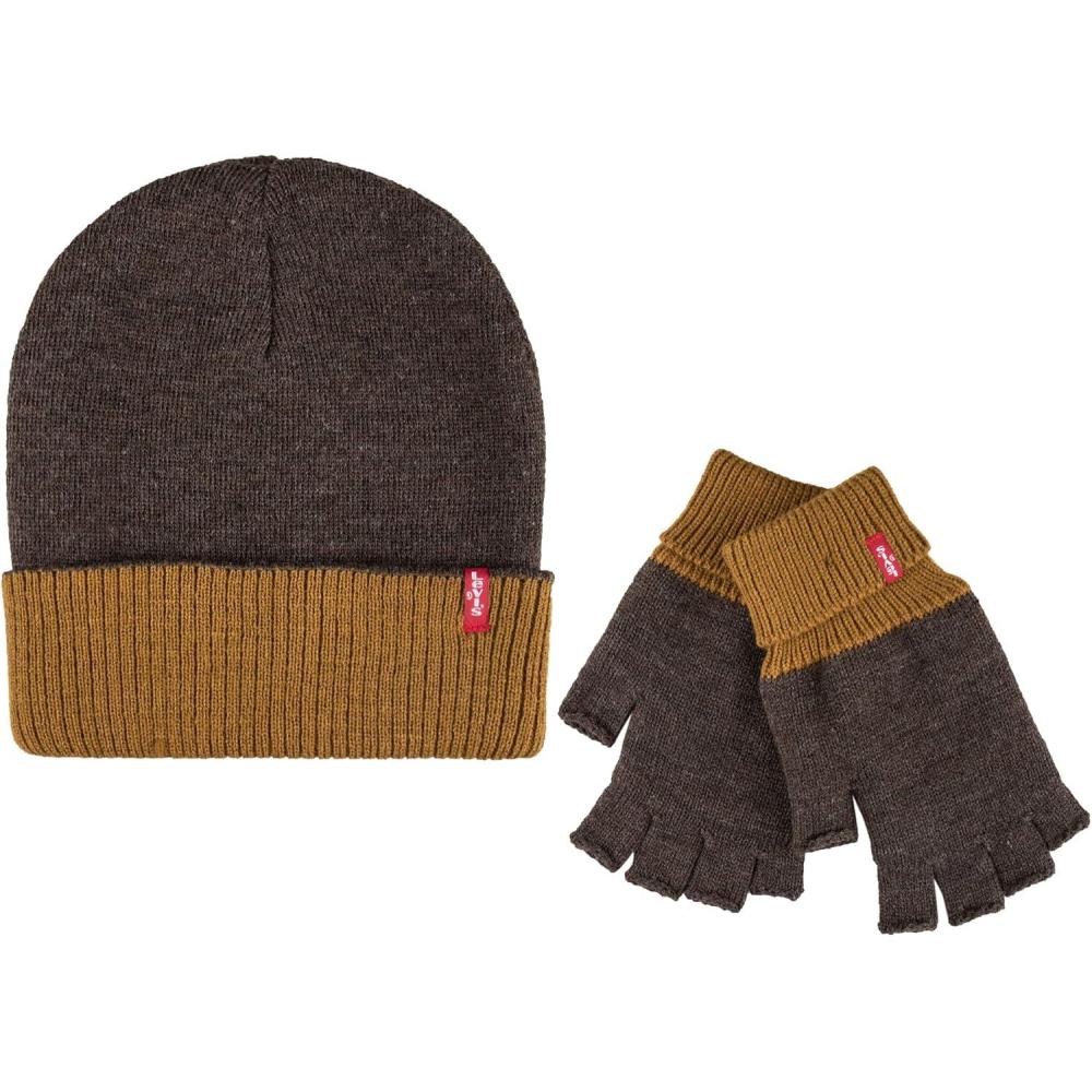 imageLevis Mens Reversible Warm Winter Beanie with Fingerless Glove SetTan