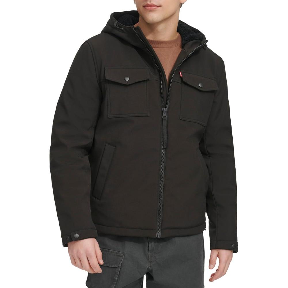 imageLevis Mens Soft Shell Two Pocket Hooded Trucker JacketBlack Sherpa