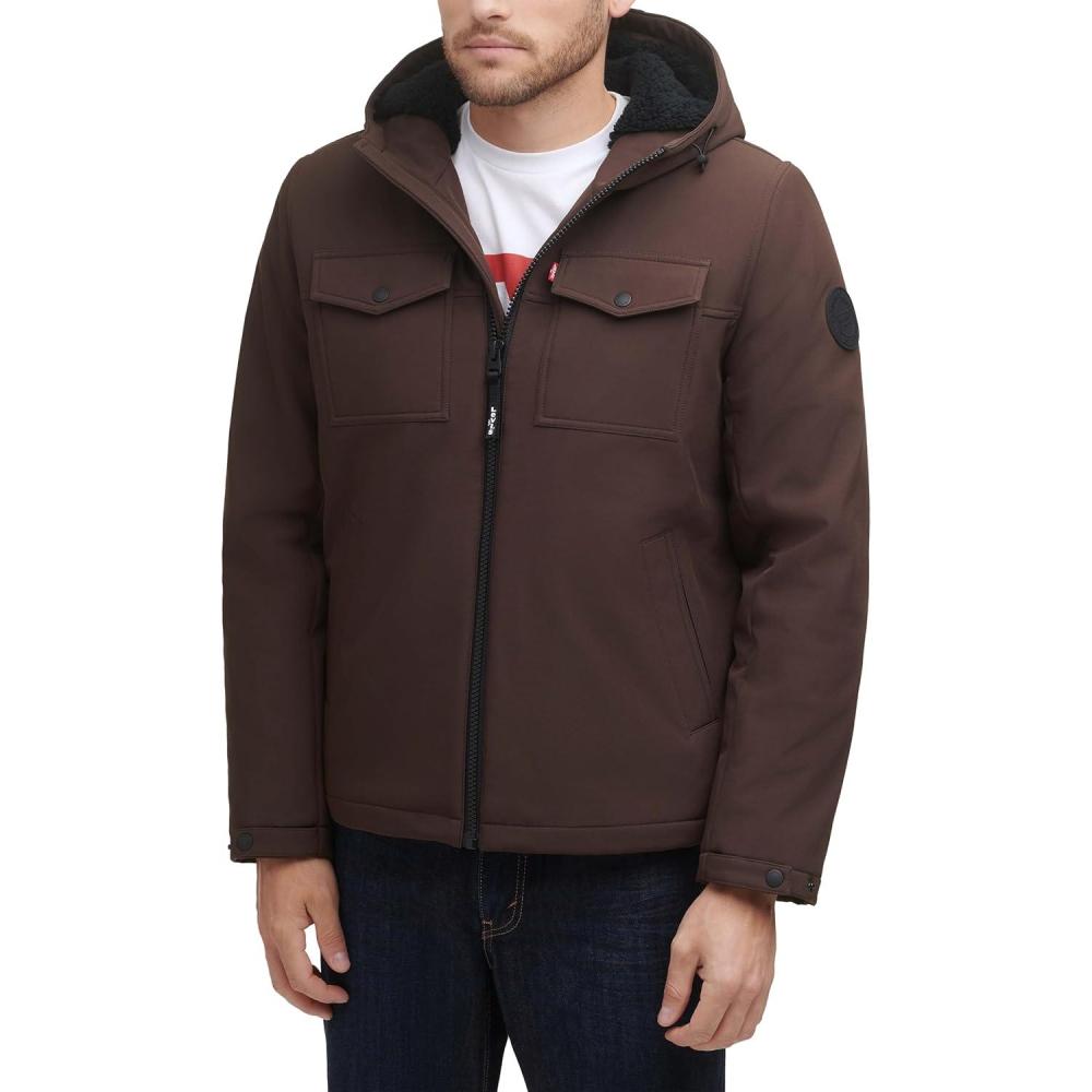 imageLevis Mens Soft Shell Two Pocket Hooded Trucker JacketDark Brown Sherpa