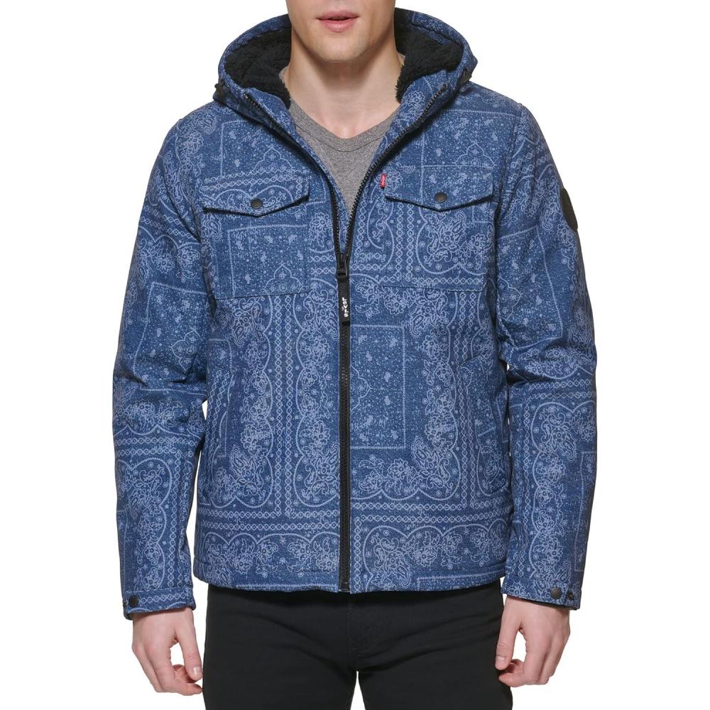 imageLevis Mens Soft Shell Two Pocket Hooded Trucker JacketFaded Blue Bandana Sherpa
