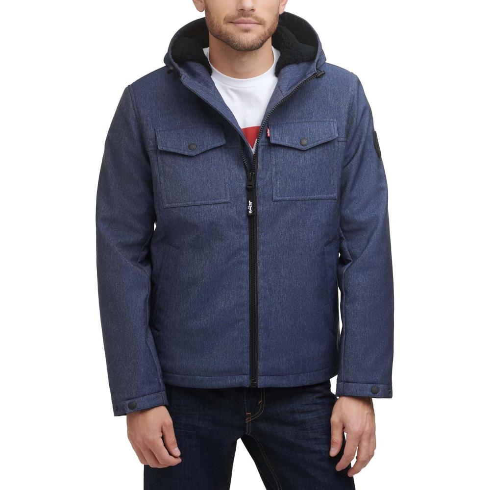 imageLevis Mens Soft Shell Two Pocket Hooded Trucker JacketMidnight Heather Sherpa