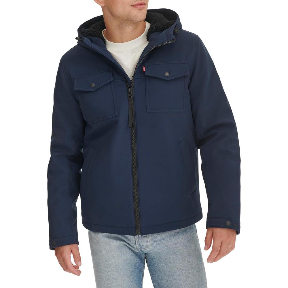 imageLevis Mens Soft Shell Two Pocket Hooded Trucker JacketMidnight Sherpa
