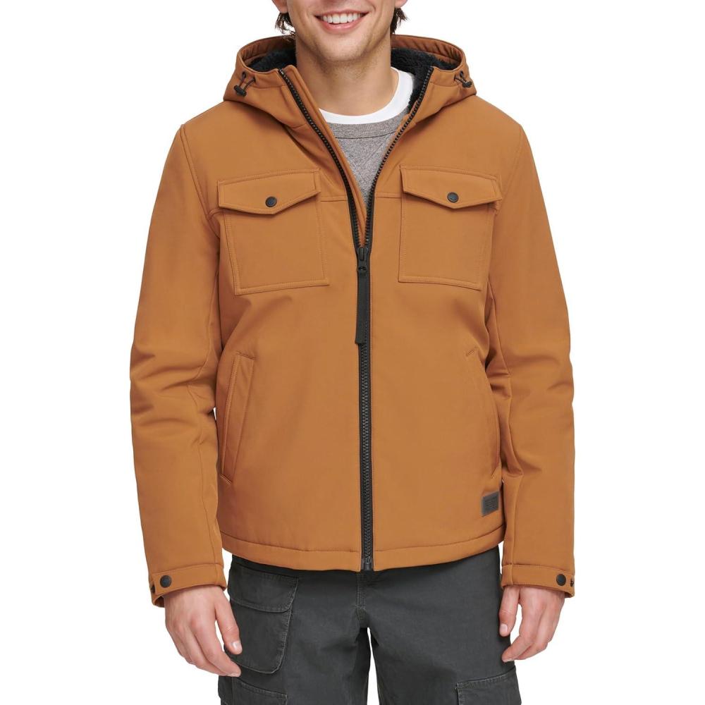 imageLevis Mens Soft Shell Two Pocket Hooded Trucker JacketWorker Brown Sherpa