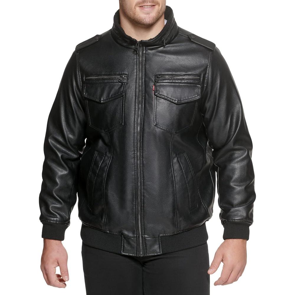 imageLevis Mens Vintage Deer Faux Leather Aviator Bomber Standard and Big amp TallBlackSherpa Lined
