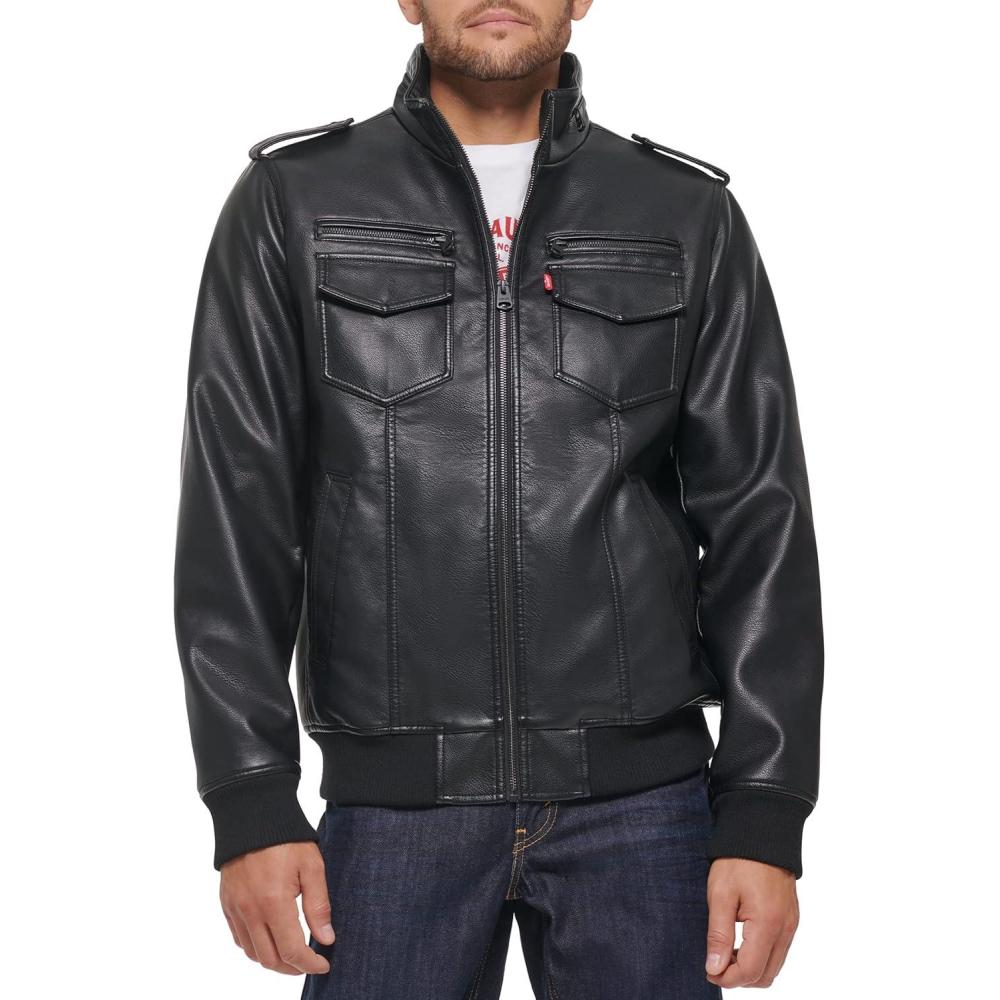 imageLevis Mens Vintage Deer Faux Leather Aviator Bomber Standard and Big amp TallDark Black
