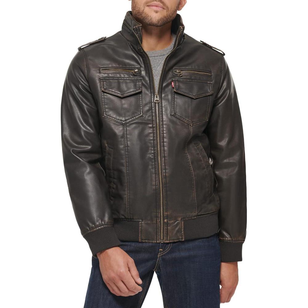 imageLevis Mens Vintage Deer Faux Leather Aviator Bomber Standard and Big amp TallDark Brown Quilted