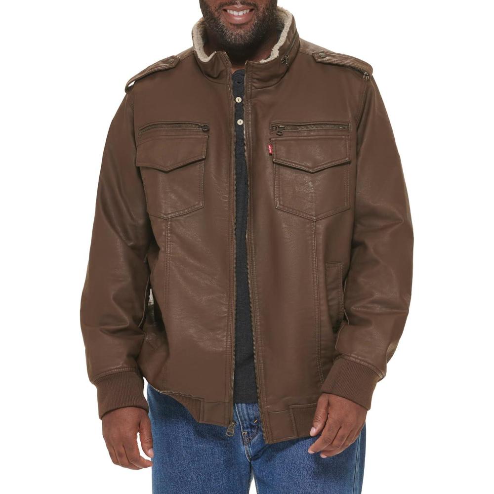 imageLevis Mens Vintage Deer Faux Leather Aviator Bomber Standard and Big amp TallEarthSherpa Lined