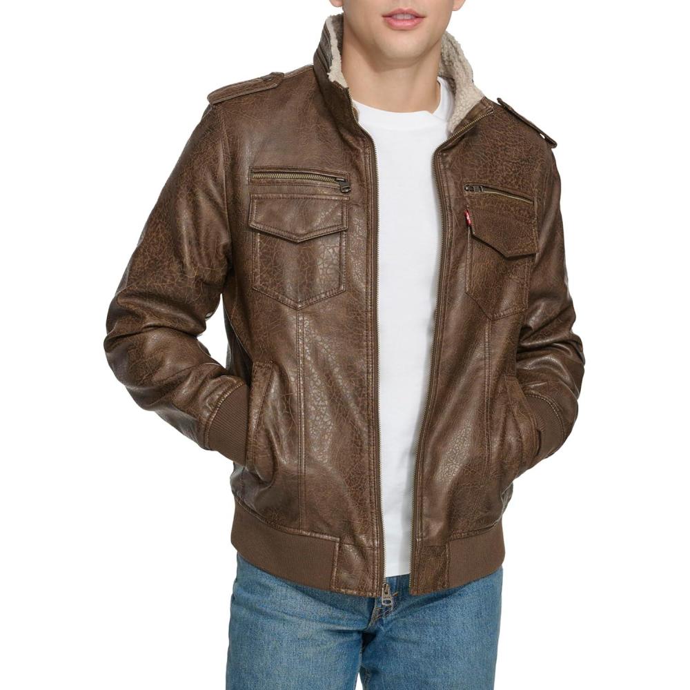 imageLevis Mens Vintage Deer Faux Leather Aviator Bomber Standard and Big amp TallLight Brown BisonSherpa Lined
