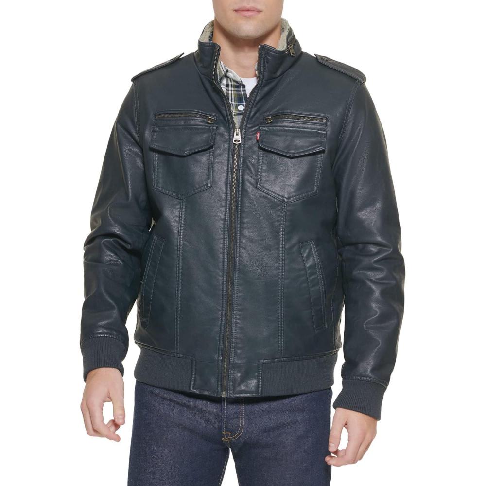 imageLevis Mens Vintage Deer Faux Leather Aviator Bomber Standard and Big amp TallNavySherpa Lined
