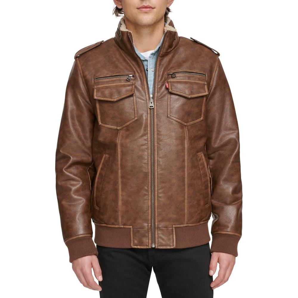 imageLevis Mens Vintage Deer Faux Leather Aviator Bomber Standard and Big amp TallSaddleSherpa Lined