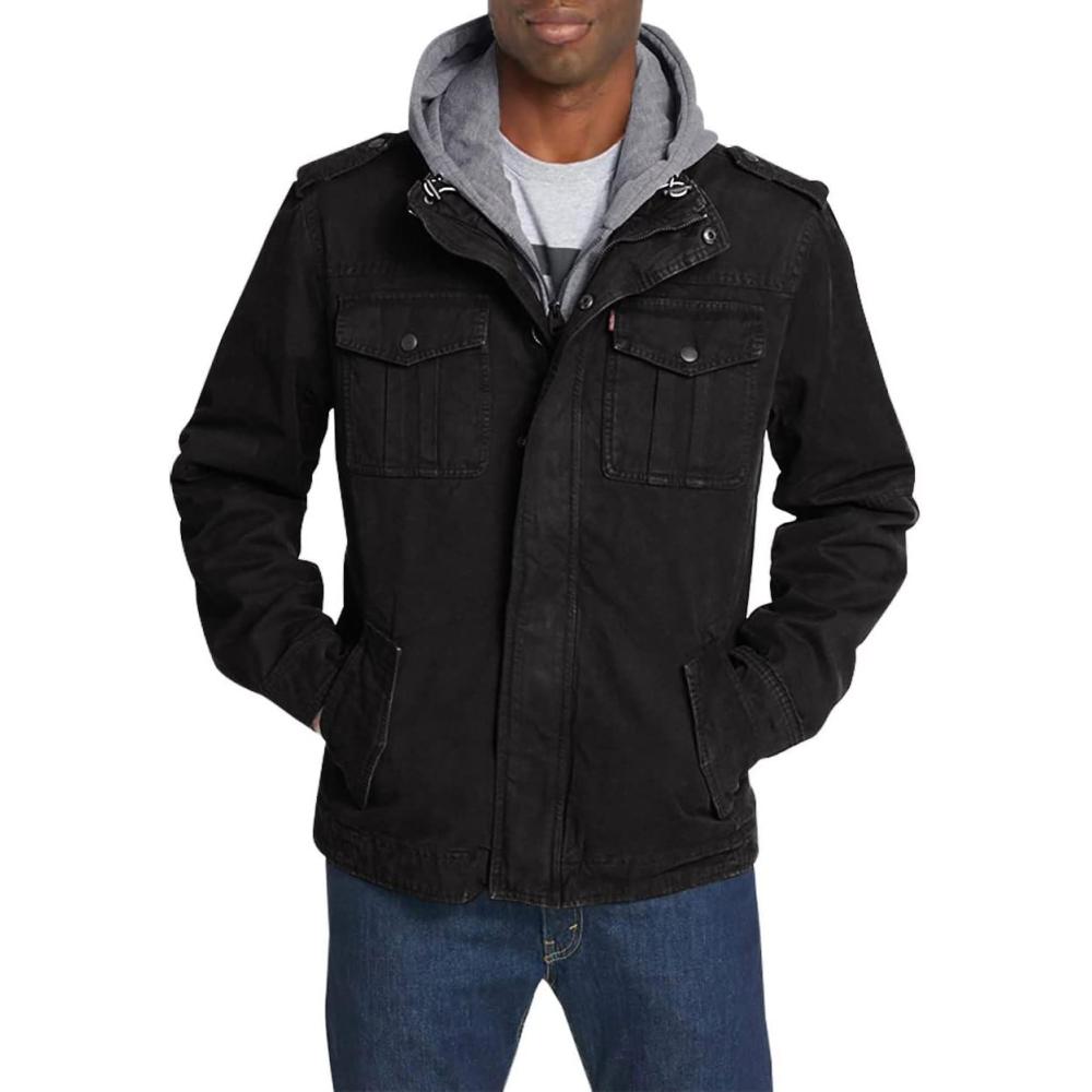 imageLevis Mens Washed Cotton Hooded Military Jacket Regular amp Big amp Tall SizesBlackQuilted Lining