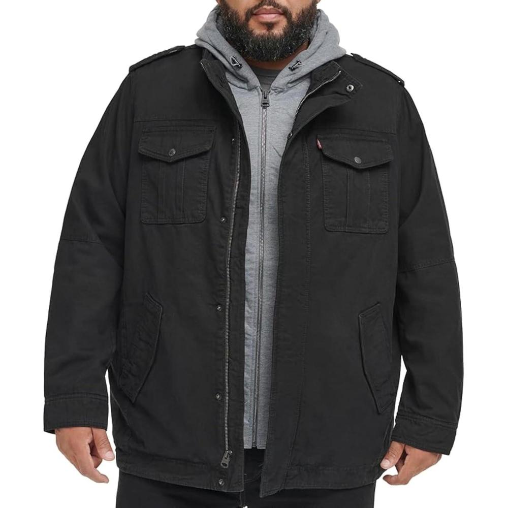 imageLevis Mens Washed Cotton Hooded Military Jacket Regular amp Big amp Tall SizesBlackSherpa Lined