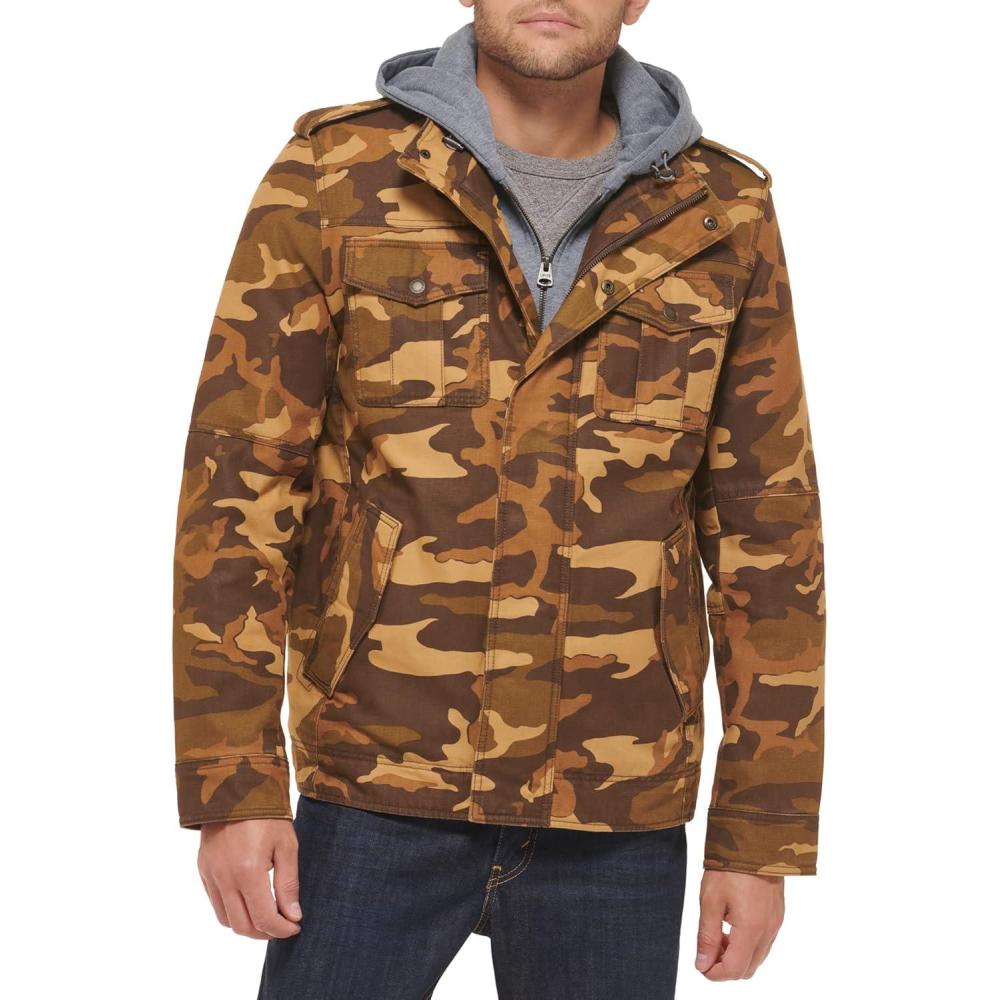 imageLevis Mens Washed Cotton Hooded Military Jacket Regular amp Big amp Tall SizesBrown CamoSherpa Lined